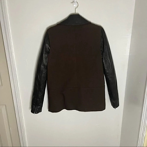 Vince Double Breasted Brown Pea Coat with Faux Leather Sleeves and Collar - Picture 8 of 9